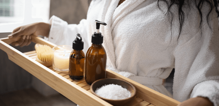 Woman at spa carrying tray